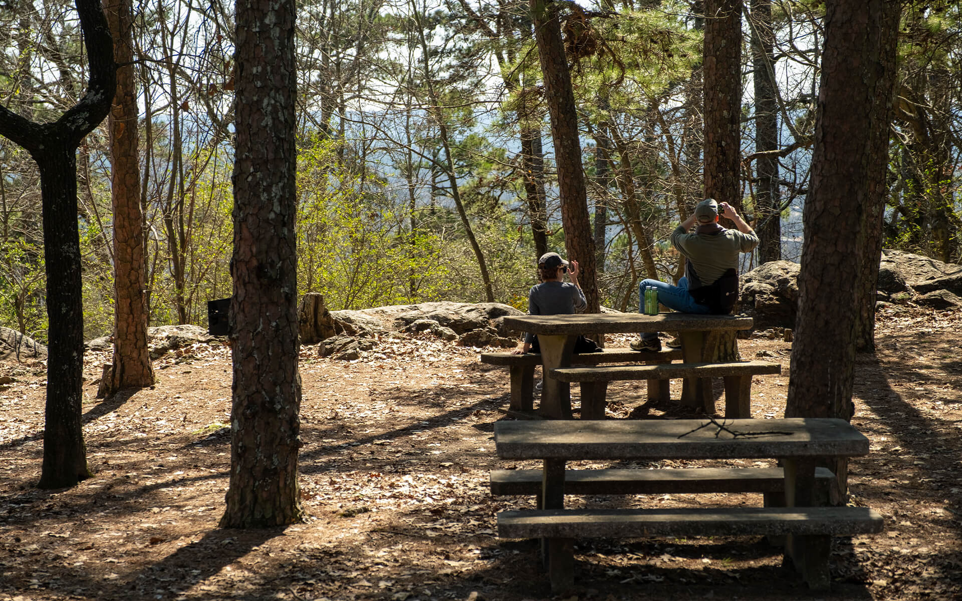 a couple of people exploring nature, one is looking with binoculars into the woods